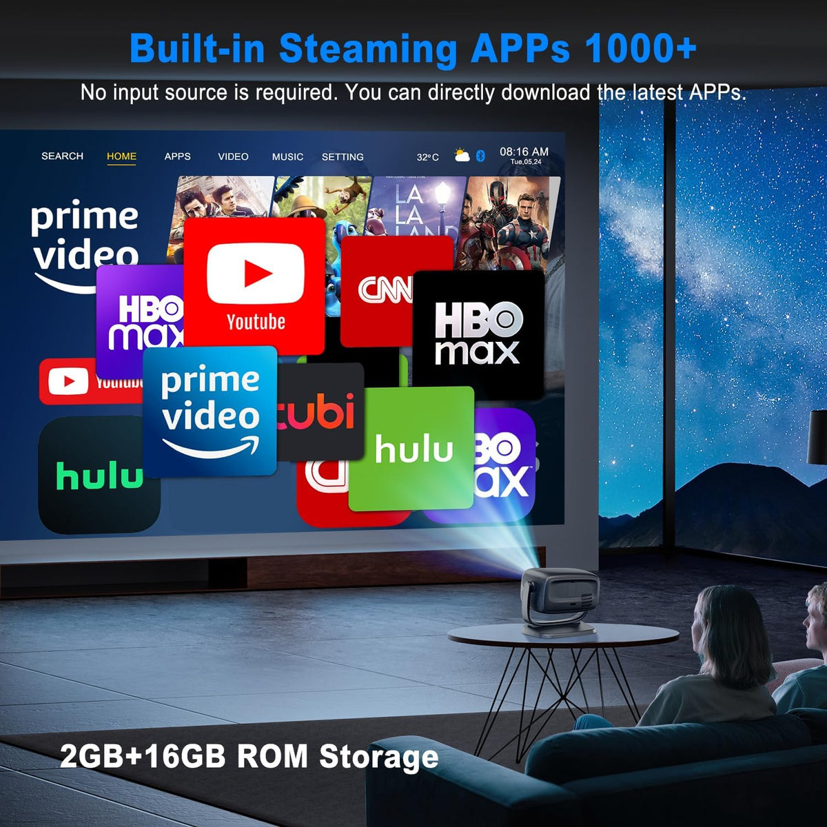 Beamer 4K [elektrische focus/180° draaien] 26.000Lux thuisbioscoop projector met wifi 6 en Bluetooth, Zoom, trapeziumcorrectie, native 1080p, overheadprojector voor iOS/Android smartphone