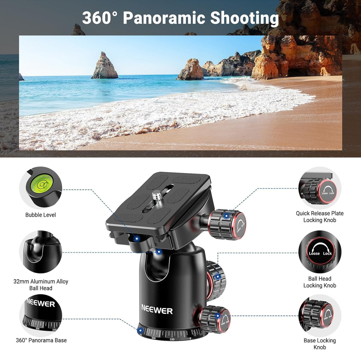 NEEWER Overhead horizontale camerastatief Monopod met kogelkop en flexibele middenkolom, 90 inch hoge metalen DSLR video-reisstandaard, Arca-type QR-plaat en omgekeerde poten, maximale belasting 15