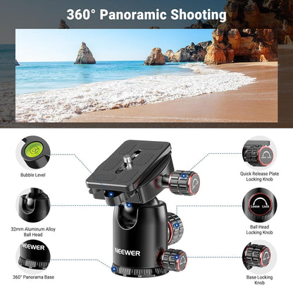 NEEWER Overhead horizontale camerastatief Monopod met kogelkop en flexibele middenkolom, 90 inch hoge metalen DSLR video-reisstandaard, Arca-type QR-plaat en omgekeerde poten, maximale belasting 15