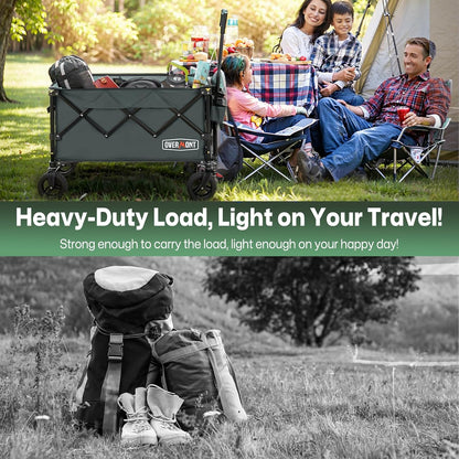 Overmont Opvouwbare festivaltrolley - 150 kg capaciteit opvouwbare wagen voor camping strand tuin picknick winkelen, zware kar met verstelbare handgreep en all-terrain wielen en rem, grijs