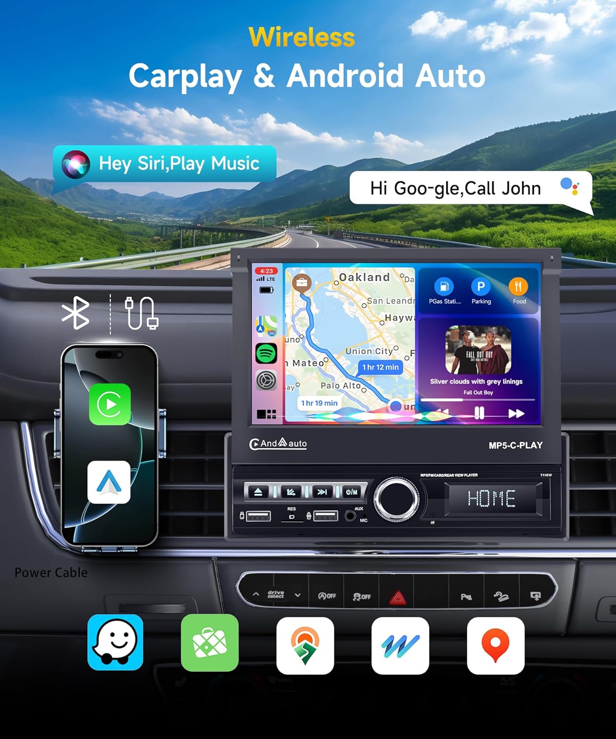 Autoradio 1 Din Carplay Android Auto Draadloos met 7 inch elektrisch uitschuifbaar scherm,1-DIN radio FM met Bluetooth,GPS/Navi,Mirror Link,2 USB/AUX/SD met achteruitrijcamera,stuurwielbediening
