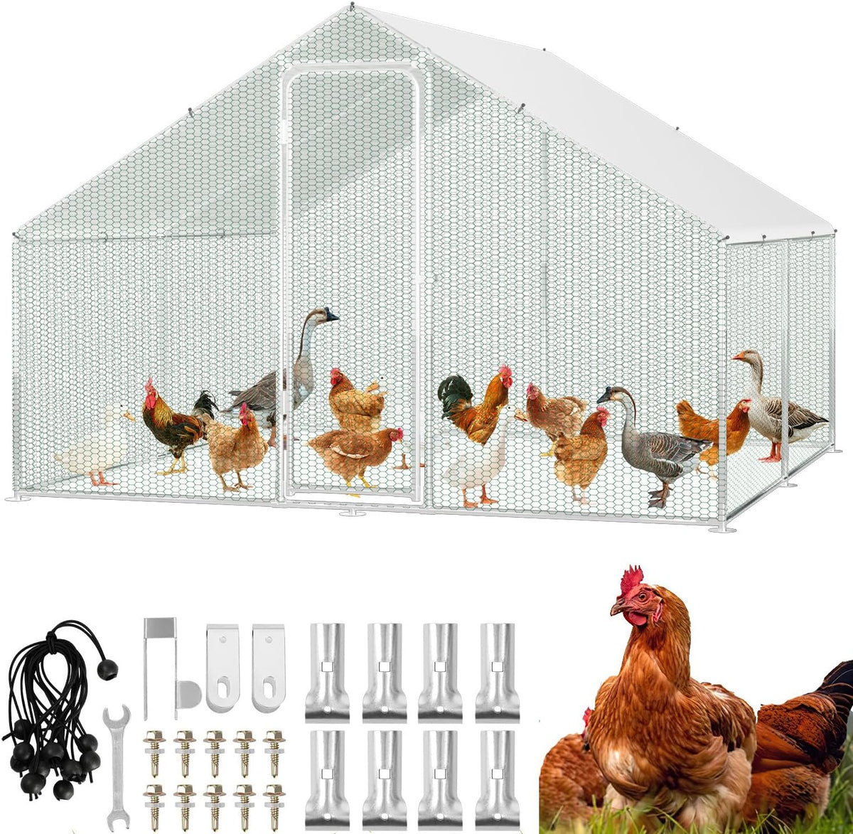 Free Run Hen House 3 x 4 x 2 m, Metal Cage for Small Animals with Safety Lock and Waterproof Chicken Run, Outdoor Run for Chickens, Bird Cage, Plants