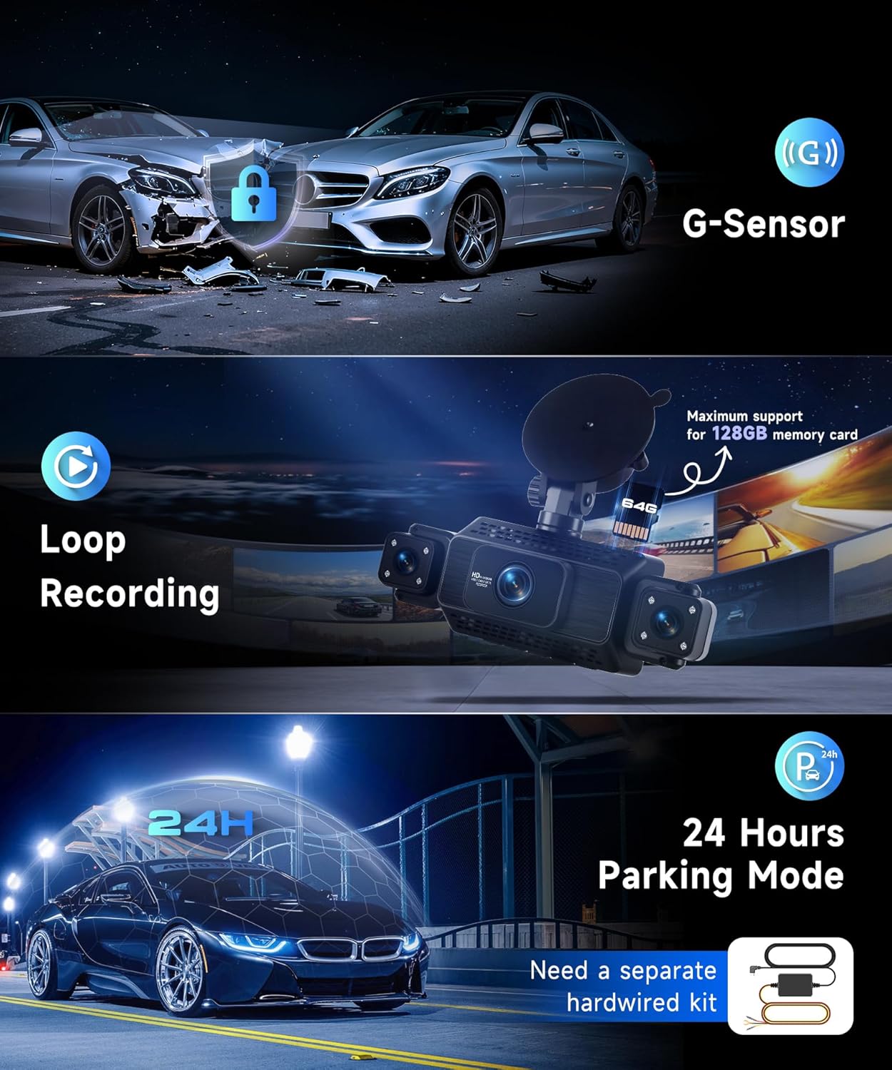 1080P Dashcam Car Front and Rear with Wifi,4*Dashcam Car Camera with 3-inch IPS Screen,24-Hour Parking Monitoring,Night Vision,G-Sensor,Loop Recording,360-Degree Protection,with 64GB SD Card - QUORE