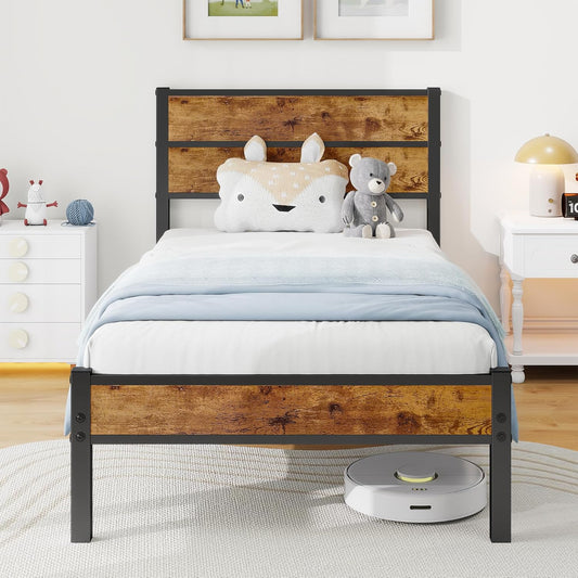Eenpersoonsbed 90 x 200 cm met houten hoofdeinde, bedframe met lattenbodem van metaal, eenpersoonsbed, metalen bed, eenpersoonsbed, 90 x 200 cm met opbergruimte, robuust en stabiel, bruin