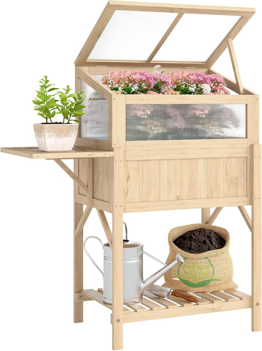 Outsunny verhoogde plantenbak met kasopzetstuk van hout, plantenkas met inklapbare zijplank en opslagruimte, verhoogde plantenkas 104x50x120cm voor kruiden in tuin, balkon of terras, natuurlijk hout - QUORE