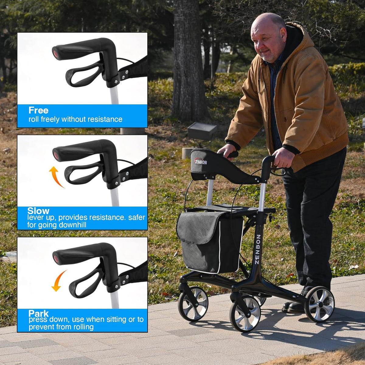 Roltor Walker | Met zitting | 150 kg draagvermogen | 4 grote wielen | lichtgewicht koolstofvezel ondersteuningsframe | dubbele handremmen | In hoogte verstelbaar | Voor volwassenen/senioren