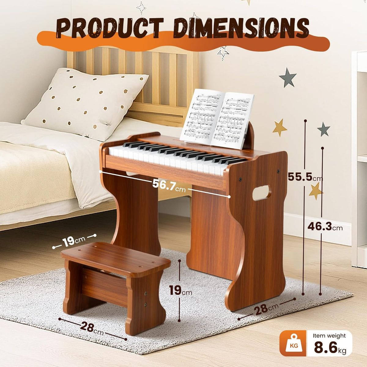 Houten Keyboard Voor Kinderen – Kinderpiano, Digitale Piano, Speelgoed Piano, Mini Keyboard – 37 Toetsen En 3 Octaven – 128 Geluiden, 128 Ritmes En 23 Demo Songs
