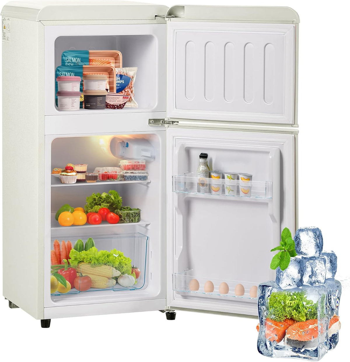 Compact retro refrigerator with freezer compartment, 60 litres total volume (22 l freezer/38 l refrigerator compartment), energy class E, cream white, 89 cm height, quiet 45 dB, 7 temperature levels - QUORE