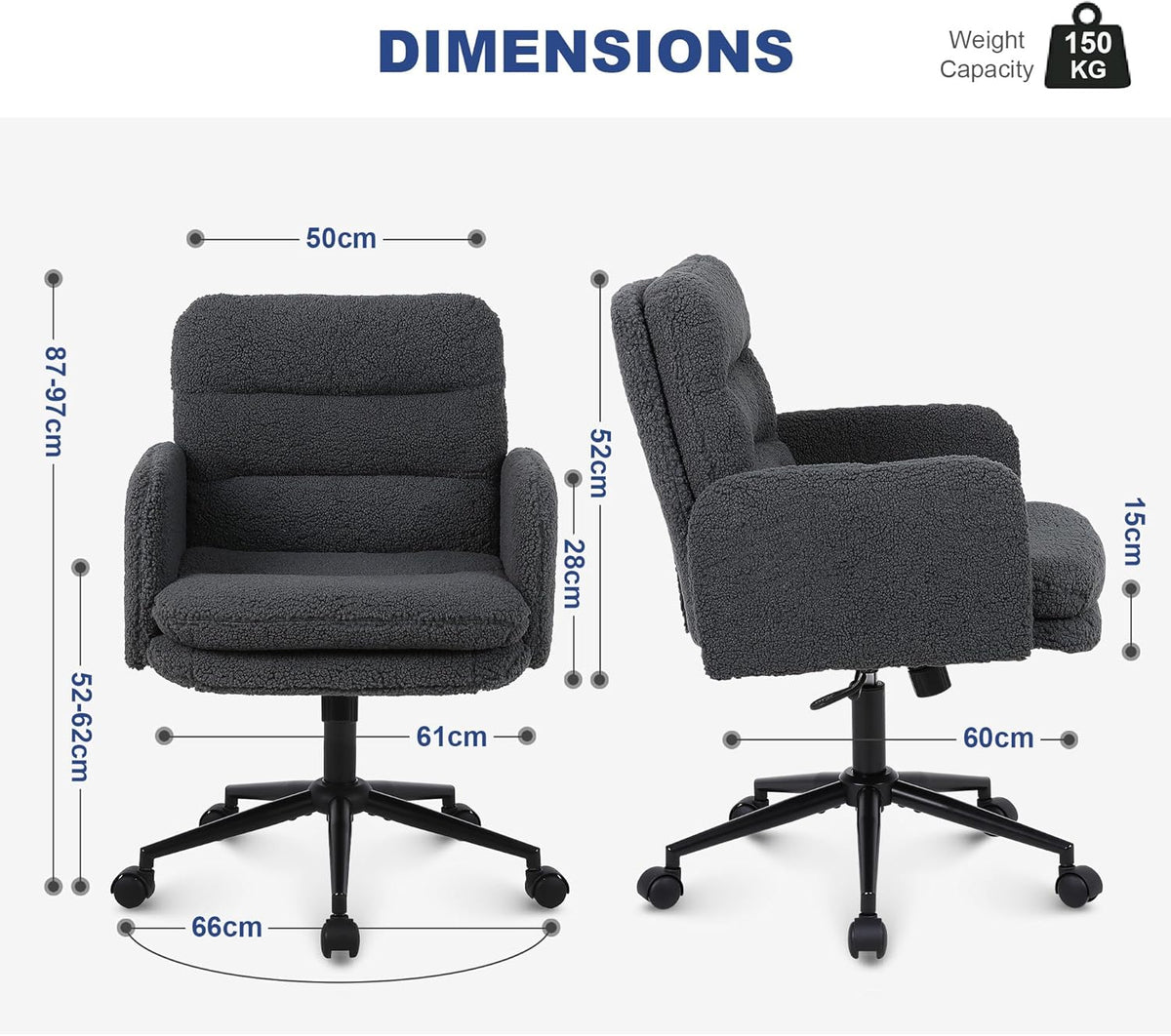 Youhauchair Bureaustoel, Imitatie Kasjmier Office Chair, Comfortabele Make-up Stoel met Verstelbare Hoogte, Ergonomic Chair Bureaustoelen voor Thuis en Slaapkamer, Donkergrijs