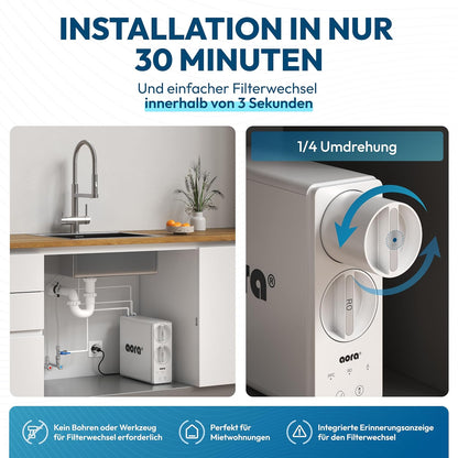 aora Giulia-L GT600 Reverse Osmosis System + 3-Way Stainless Steel Tap Without Drilling - Osmosis Water Filter with 8 Filter Levels and Filter Change in 3 Seconds - System - QUORE