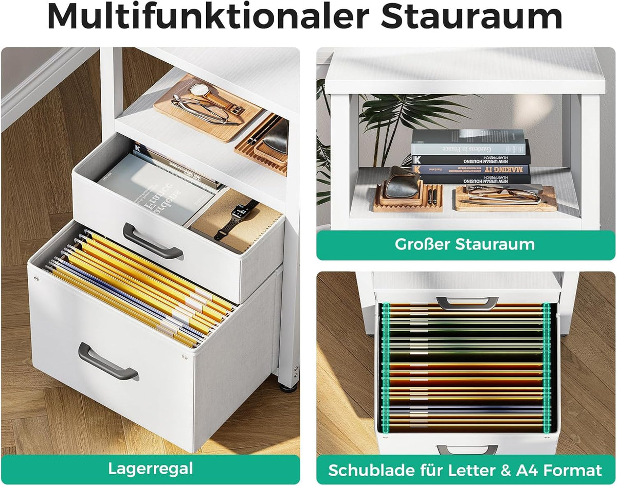 Coleshome Bureau met Stoffen laden, Omkeerbaar Bureau, 140 x 80 cm L-vorm met Aktlade, Hoekbureau met USB-Oplaadpoort en Stopcontact, Thuiskantoor, Bureau, Wit