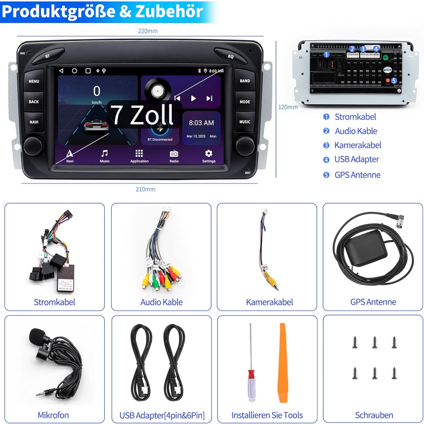Autoradio voor Mercedes-Benz C-Klasse W203 G-Klasse W463 CLK W209, Android 13 2G+64G met Carplay Android Auto, 7 inch IPS touchscreen GPS-navigatie Bluetooth Mirror Link WiFi FM-radio