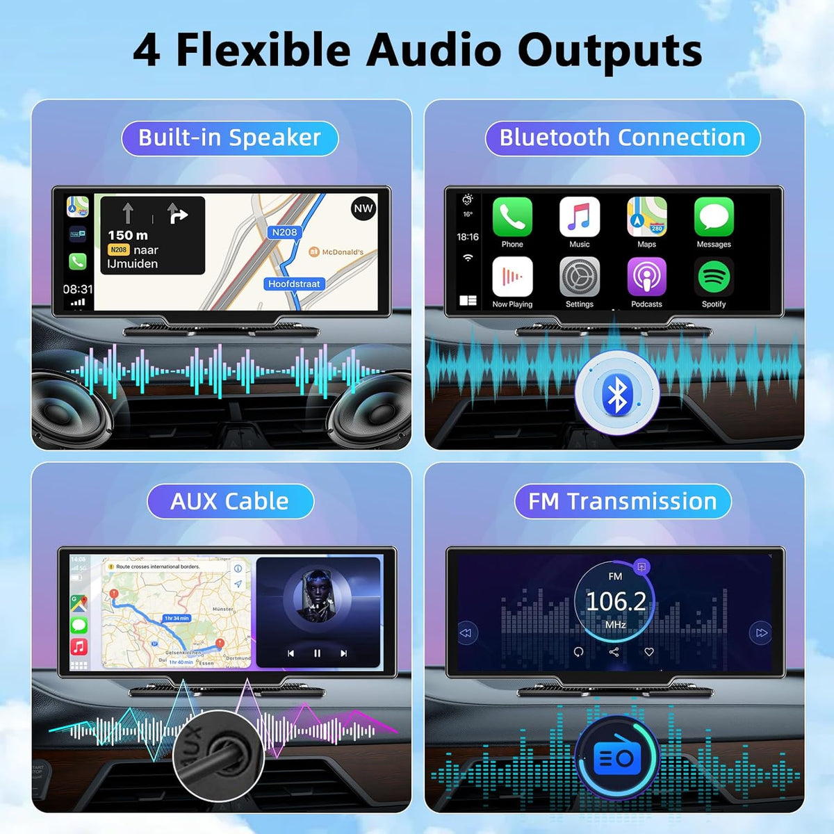 10,26 Inch Wireless Carplay Screen voor Car Play en Android Auto, Draadloze Autoradio met 4K Dashcam/1080P HD Achteruitrijcamera/Bluetooth/FM/AUX/64G TF/Mirror Link/Spraakbesturing/GPS-Navigatie