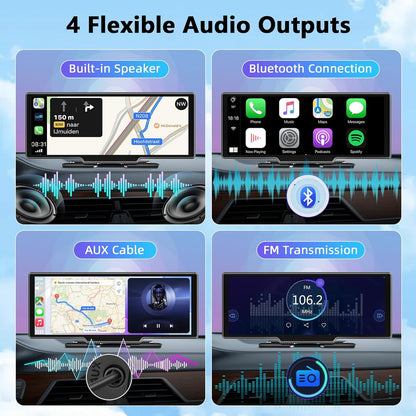 10,26 Inch Wireless Carplay Screen voor Car Play en Android Auto, Draadloze Autoradio met 4K Dashcam/1080P HD Achteruitrijcamera/Bluetooth/FM/AUX/64G TF/Mirror Link/Spraakbesturing/GPS-Navigatie