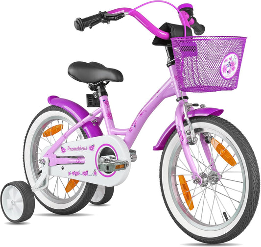 PROMETHEUS BICYCLES Kinderfiets vanaf 5 jaar, meisjesfiets, 16 inch, kinderfiets met steunwielen, terugtraprem, in paars/lila