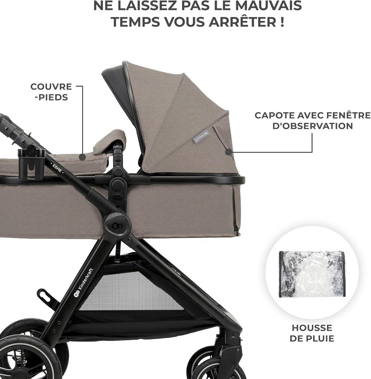 Kinderkraft ESME Mink Pro I-Size 3-in-1 autostoel met draagzak, reissysteem, babybuggy, opvouwbare kinderwagen, voor pasgeborenen tot 4 jaar, beige