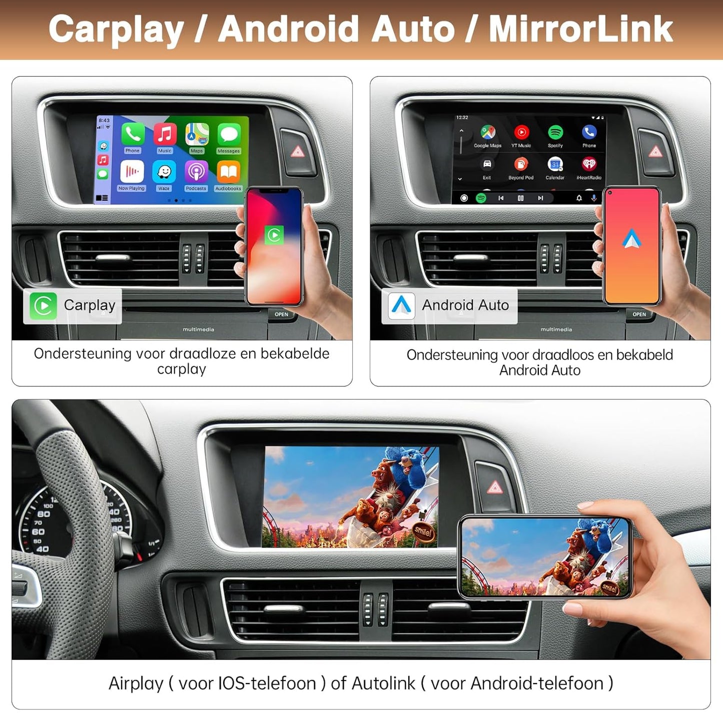 Draadloze CarPlay Android Auto Retrofit Kit – CarPlay Adapter – Smart Connect Module – Infotainment Upgrade – Bluetooth Interface – Siri Stembesturing – Achteruitrijcamera Ondersteuning