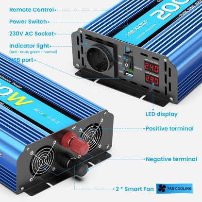2000 W omvormer, 24 V naar 230 V, zuivere sinus, spanningsomvormer power inverter DC-omvormer met afstandsbediening, AC-stopcontacten, USB-poorten en beeldscherm, led voor camper