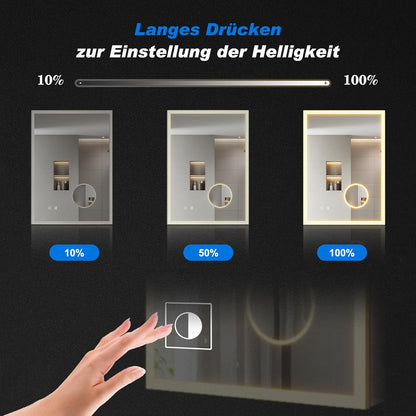 SONNI Led-spiegelkast voor badkamer, met 3-voudige vergrotingsspiegel en stopcontact, 70 x 50 cm, aluminium spiegelkast met touch-schakelaar, 3 lichtkleuren + deogging, IP44 waterdicht