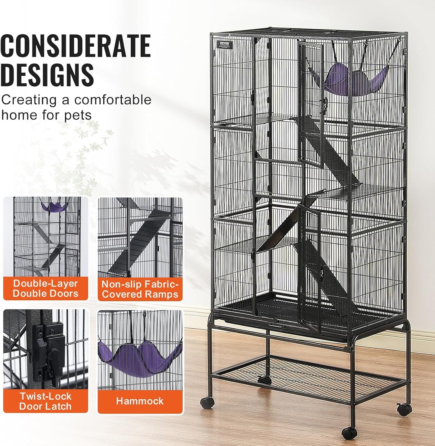 4-Laags Metalen Kooi Voor Fretten -  Geschikt Voor Ratten, Hamsters, Cavia's en Chinchilla's - 75.5 cm x 45.5 cm x 175.5 cm - QUORE