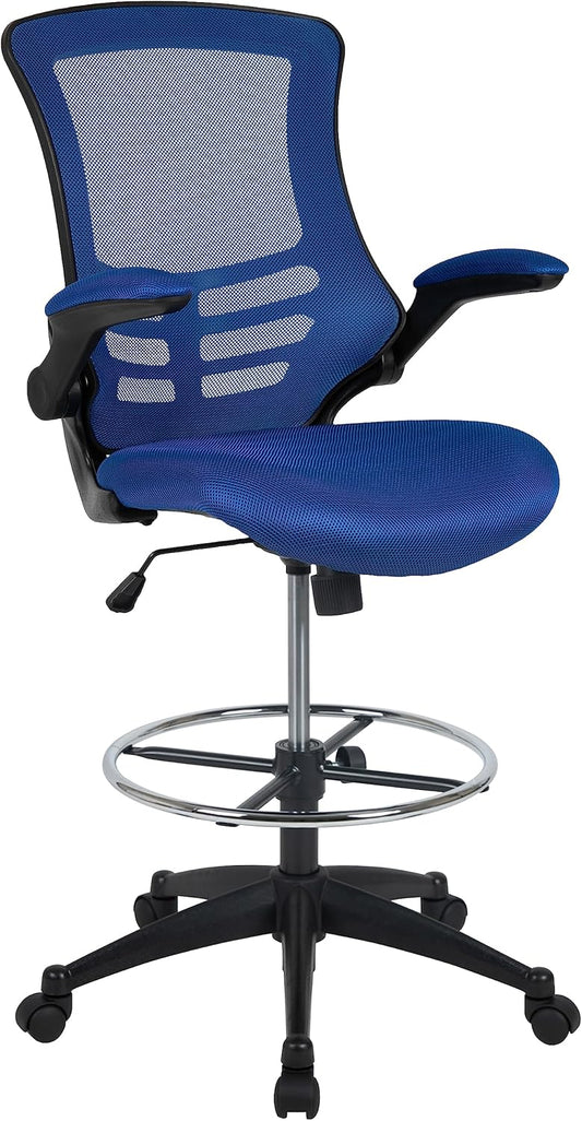 Flash Furniture Tekenstoel met middelhoge rugleuning, ergonomische bureaustoel met opklapbare armleuningen en verstelbare voetring, perfect voor thuiskantoor, blauw