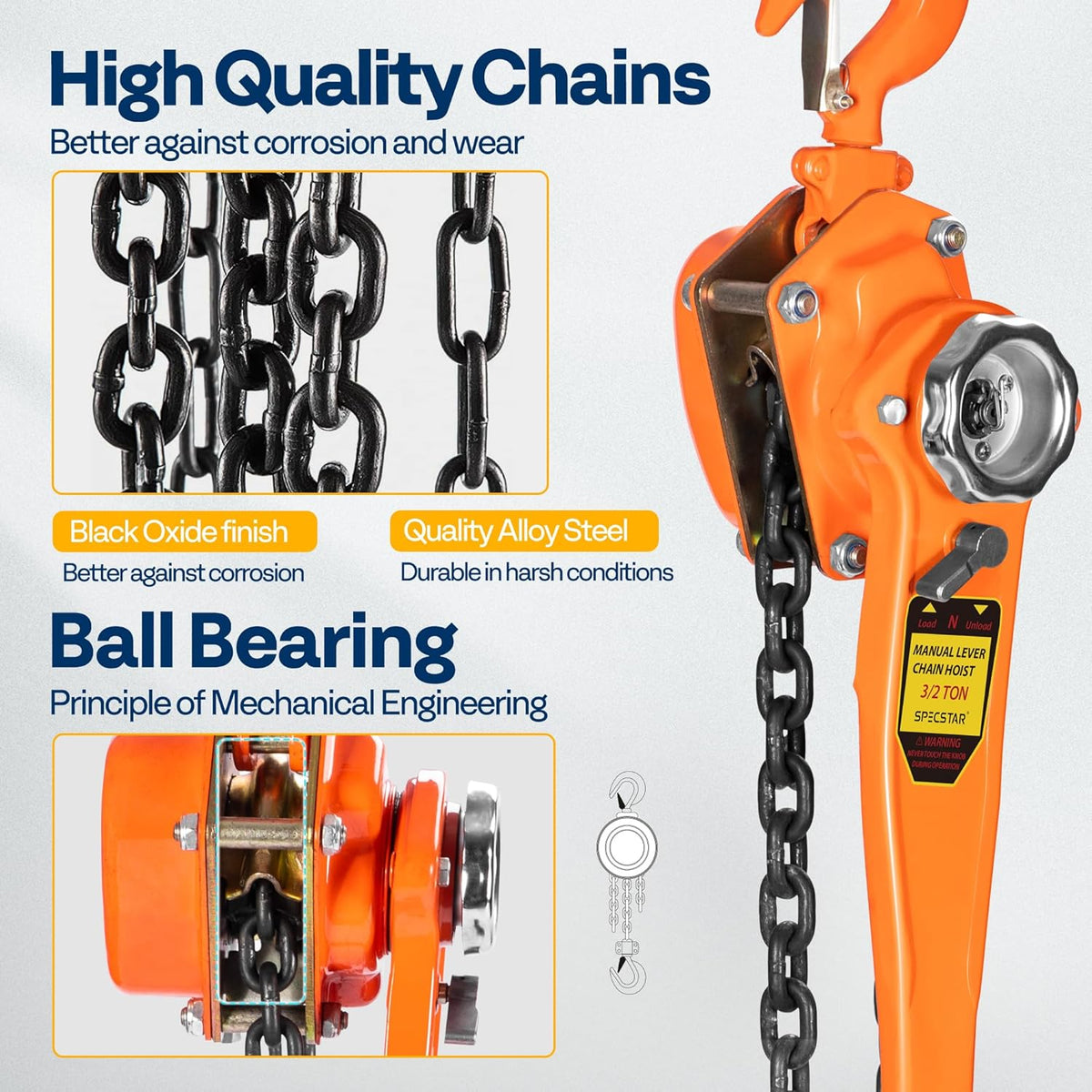 SPECSTAR Hefboomkettingtakel 1500KG Capaciteit 3m met 2 Heavy Duty Haken Ketting Meegeleverd voor Magazijnbouw Automobielmachines 10ft Lading