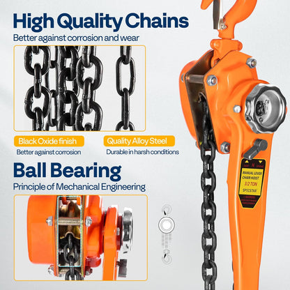 SPECSTAR Hefboomkettingtakel 1500KG Capaciteit 3m met 2 Heavy Duty Haken Ketting Meegeleverd voor Magazijnbouw Automobielmachines 10ft Lading