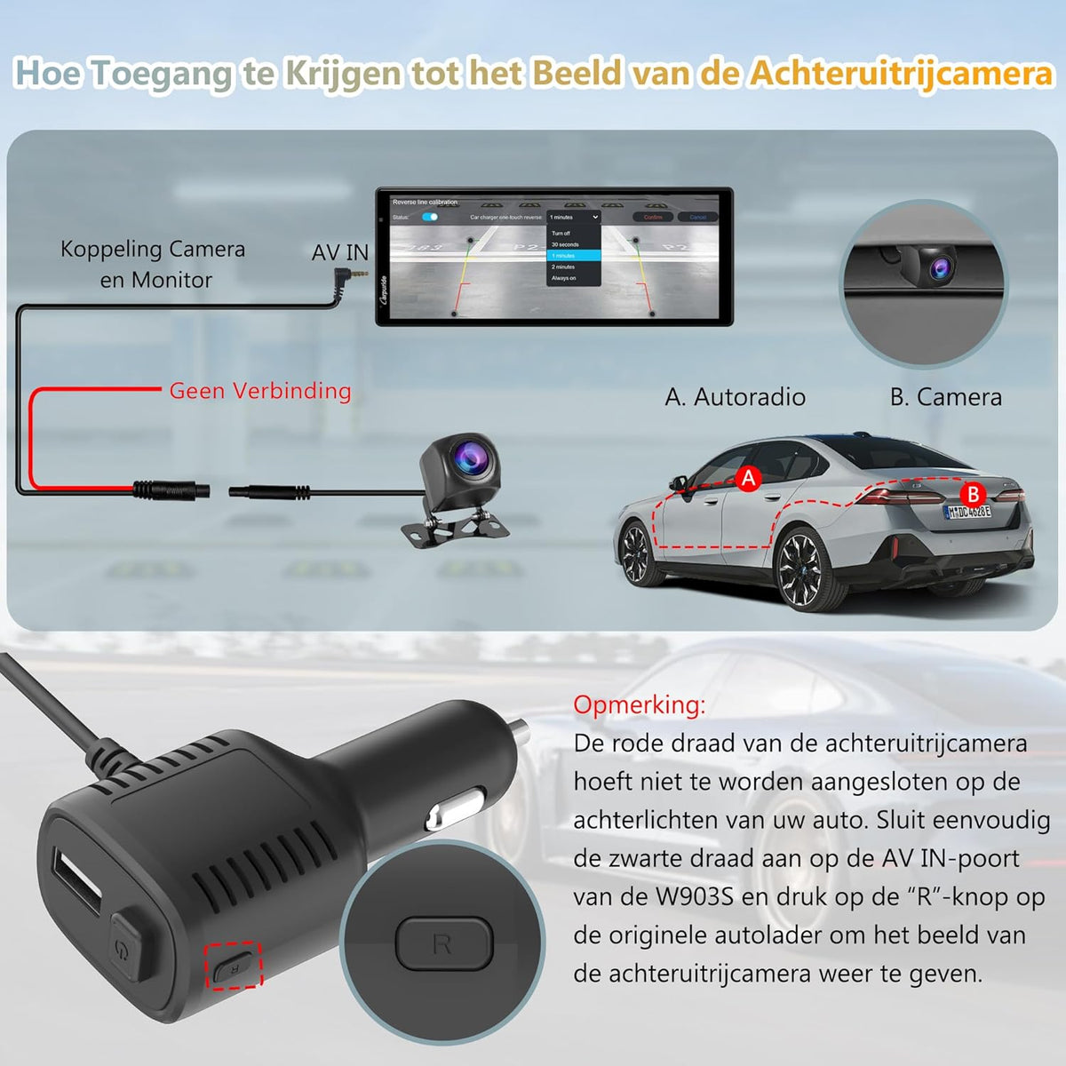 Carpuride W903S Draagbare Draadloze CarPlay & Android Auto met Dash Cam - HD IPS-Scherm, 4K-Frontcamera + 1080P-Achtercamera + 1080P-Infraroodcamera, Loop-Opname, Bluetooth, GPS, Siri, Muziek