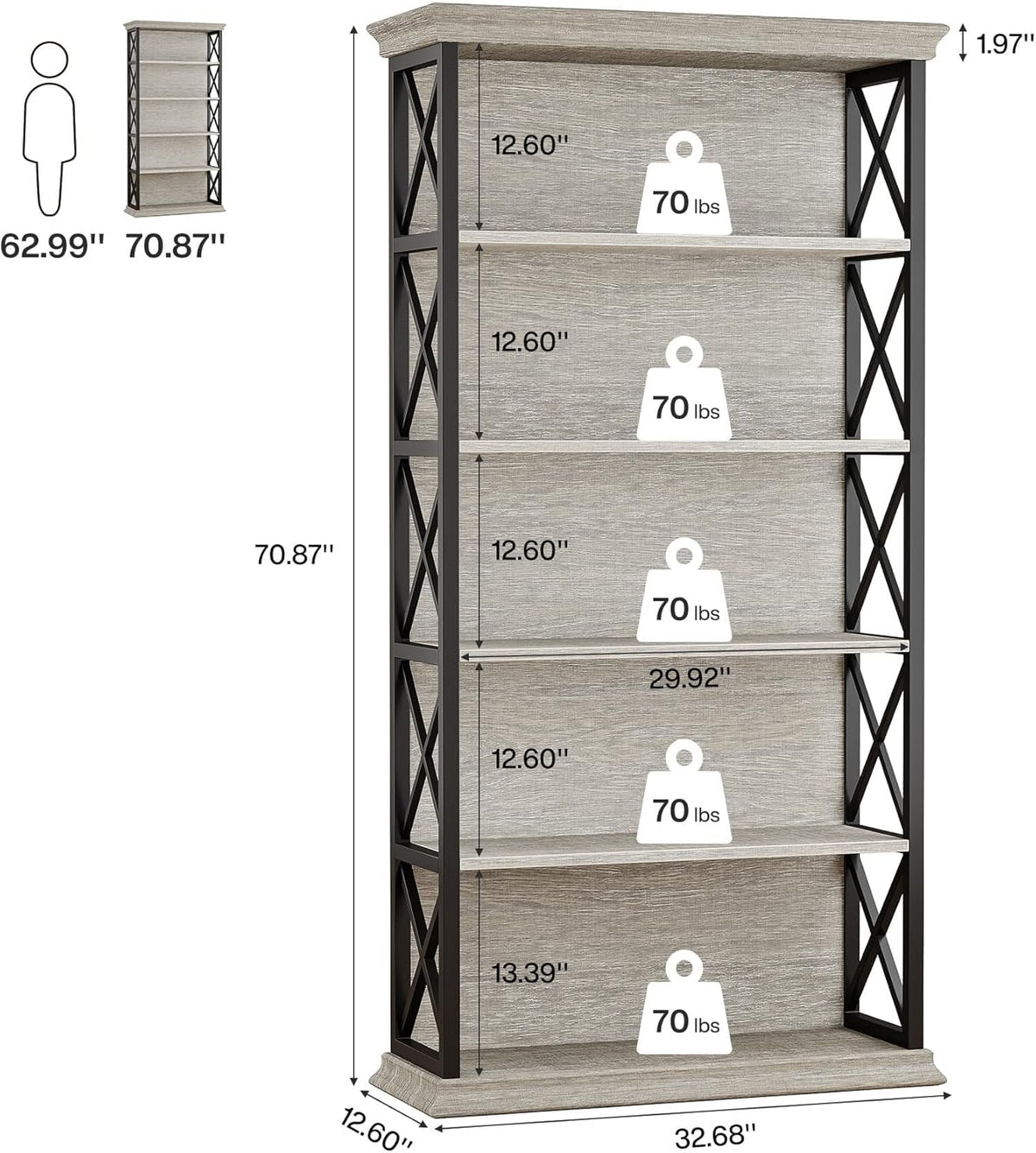 Tribesigns Bookcase, 6 Floors, 180 cm, Industrial Style, Freestanding, 5 Shelves, Tall Bookcase for Home Office, Living Room, Bedroom, Grey