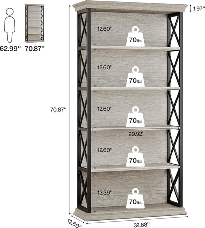 Tribesigns Bookcase, 6 Floors, 180 cm, Industrial Style, Freestanding, 5 Shelves, Tall Bookcase for Home Office, Living Room, Bedroom, Grey