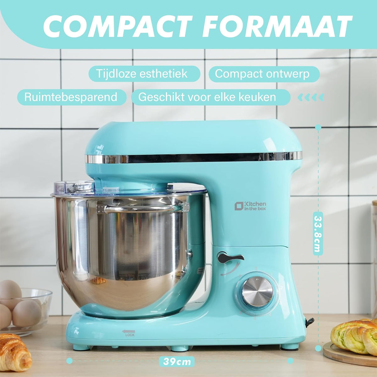 Kitchen in the box Keukenmachine, 7,5 L Staande Mixer 1400W – Deegmixer met Planetaire Mengtechniek, Menghaak, Deeghaak, Garde (Blauw)