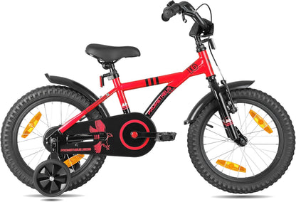 PROMETHEUS BICYCLES Kinderfiets, 16 inch vanaf 5 jaar, kinderfiets, meisjes, jongens, fiets met steunwielen, terugtraprem, in rood/zwart