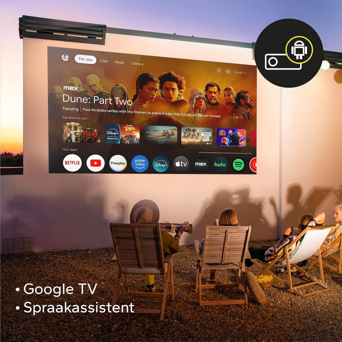 Overmax Multipic 5.2 Beamer – 4K Ondersteuning, Native Full HD 1080P, Smart Projector met Google TV & Google Assistent, Bluetooth/WiFi/Miracast, Auto Keystone, 200" Thuisbioscoop, 7000 Lumen