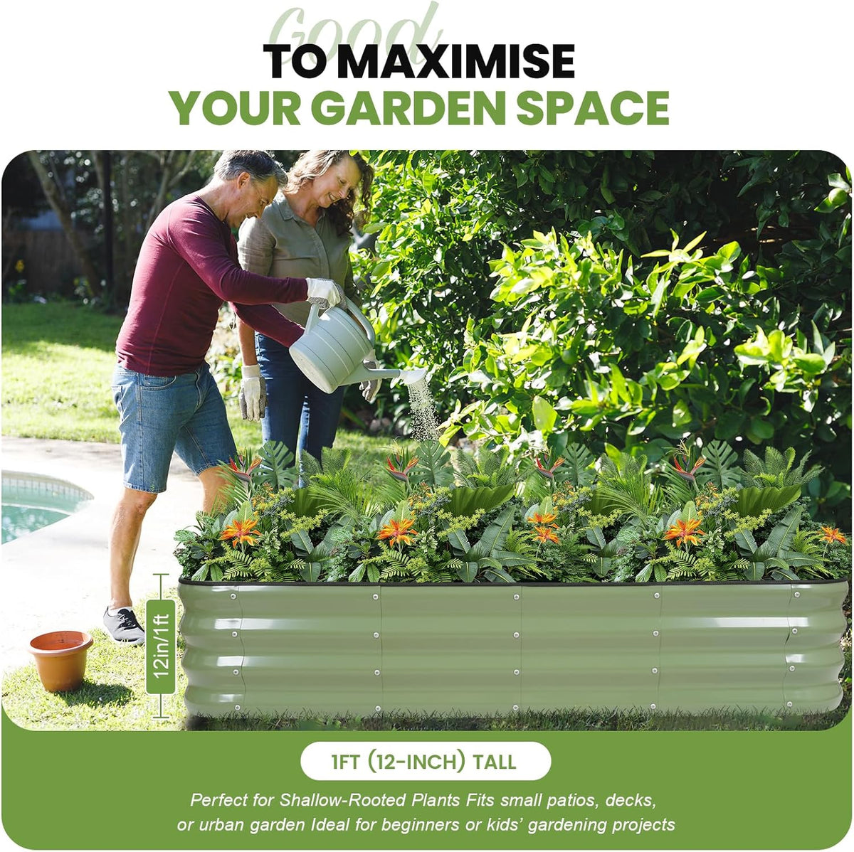 Verhoogde tuinbedset | 4-in-1 verstelbaarGegalvaniseerde plantenbakken voor groenten, bloemen | 30,5 cm hoog, meerdere maten (5x3x0,3 ft, 4x4x0,1 ft, 6x2x0,1 ft, 7x0,1 x 0,3 ft) | Metalen verhoogd