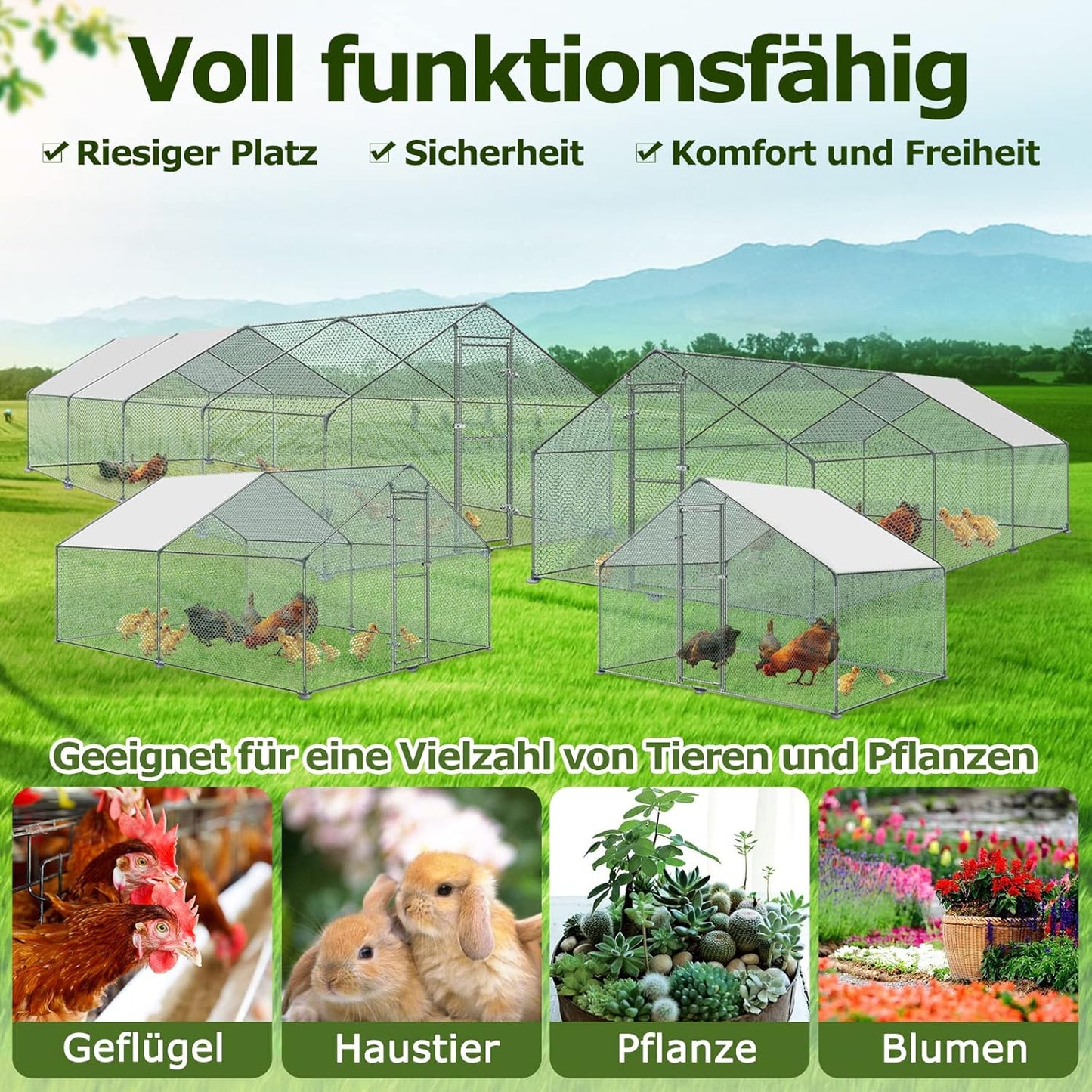 Kippenhok – Kippenren – Vogelslaapplaats – Volière – Kippenkooi – 4 x 3 x 2 m – Verzinkt Staal – Waterdicht Schaduwrijk PE-dak