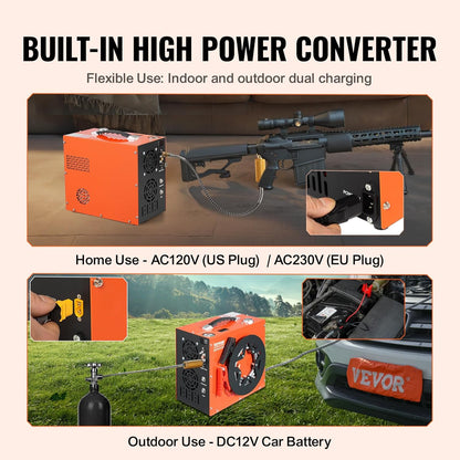 VEVOR Air Compressor PCP Portable 30MPa Water Cooling Integrated Fan, Automatic Shutdown, DC 12V/AC 230V Paintball Tank Compressor for Air Gun, Diving Bottle