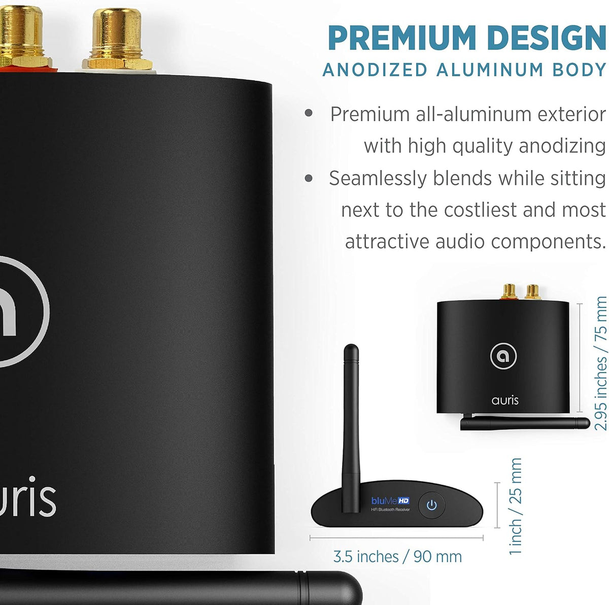 Auris BluMe HD Bluetooth 5.0-muziekontvanger Hi-Fi draadloze audioadapter met audiofiele DAC en aptX HD voor streaming naar stereo thuis, AV-receiver of stereoversterker