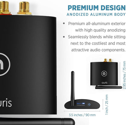 Auris BluMe HD Bluetooth 5.0-muziekontvanger Hi-Fi draadloze audioadapter met audiofiele DAC en aptX HD voor streaming naar stereo thuis, AV-receiver of stereoversterker