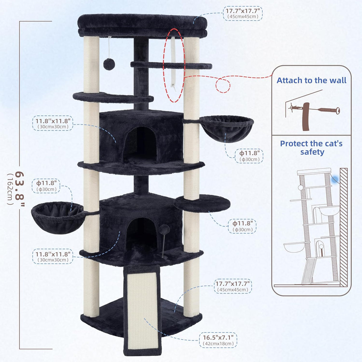 Corner Cat Tree for Indoor Cats, Cat Tower with All Sisal Scratching Posts, Multi-level Cat Condo wth 2 Large Cat Caves, Big Top Perch, 2 Hanging Baskets, Sisal Ramp, Drak Gray GCT035G