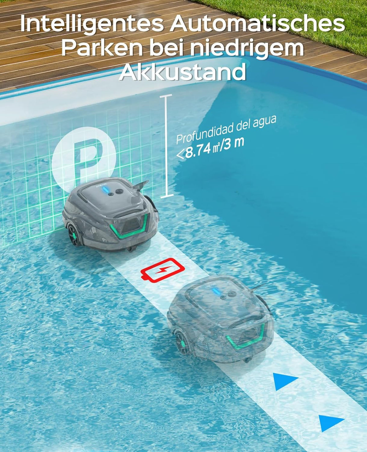 WYBOT (2025 Upgrade) A1 Zwembadrobot, Looptijd tot 120 minuten, Kabelloze zwembadrobot met dubbele filter en zwembadrobot accu, Zwembadrobot voor opzetzwembad tot 100㎡ (Lichtgrijs Groen)