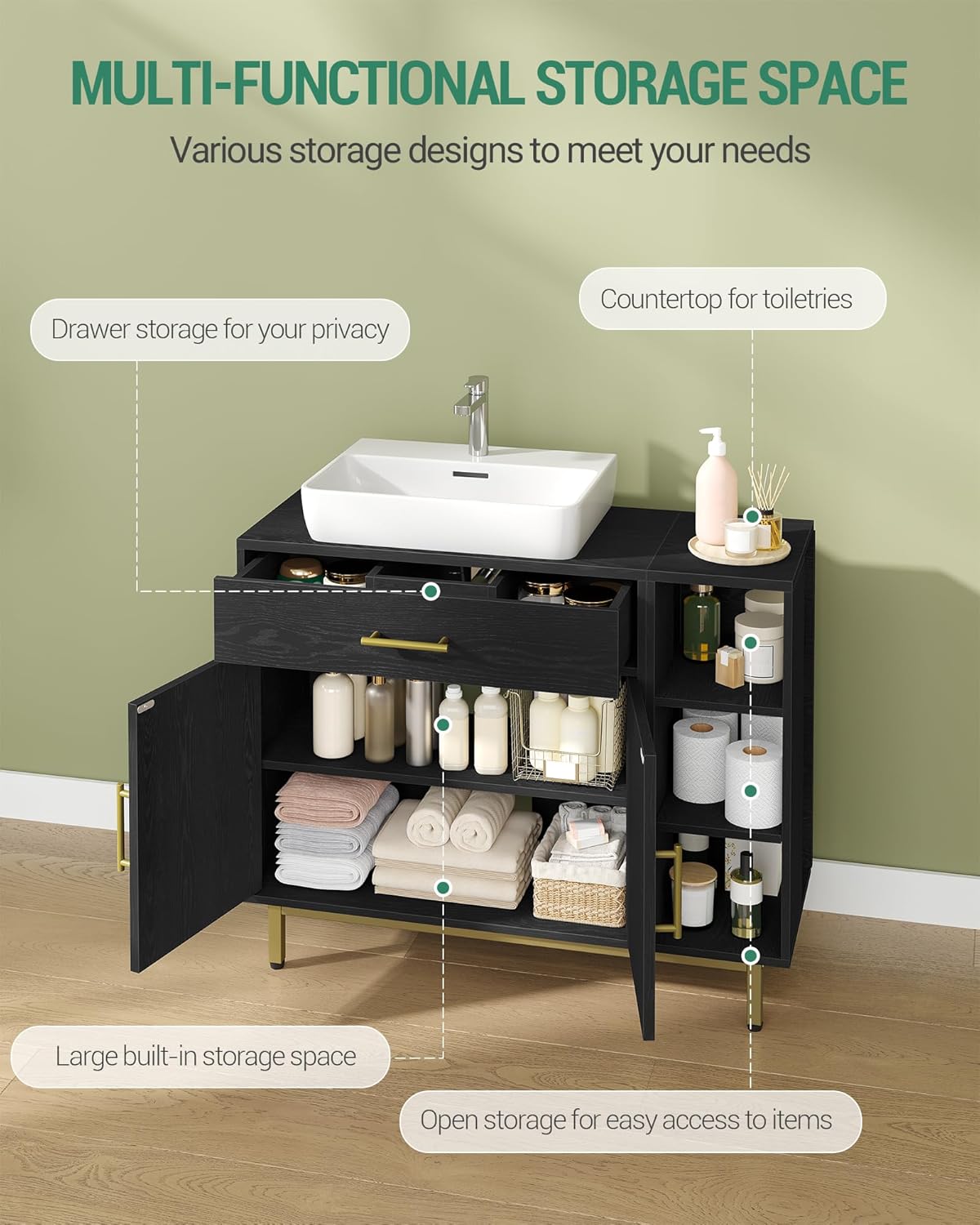 Hzuaneri Washbasin cabinet, bathroom cabinet, 1 drawer, 2 cabinet doors, open compartment with 3 levels, adjustable shelf, black with wood grain, 30 x 80 x 64 cm BC28804G