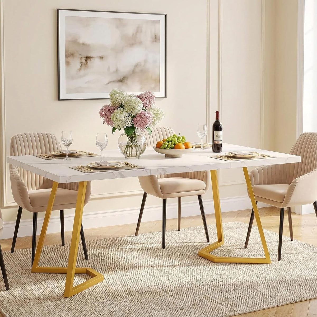 Lailang 140cm Eettafel, Oval Dining Table, Eetkamertafel Marmer, Eettafel 6 Personen, White Dining Table, 140 x 80 x 75 cm, White Gold