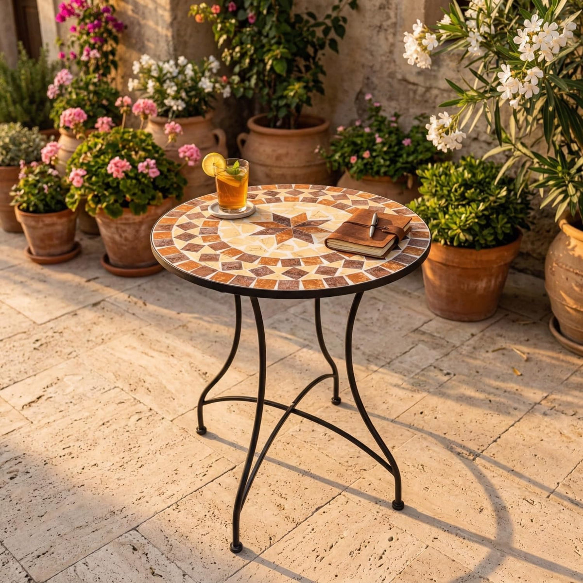 Mozaïek tuintafel, balkontafel, rond, 60 cm, mozaïektafel, mediterrane bijzettafel, mozaïek, ronde tuintafel