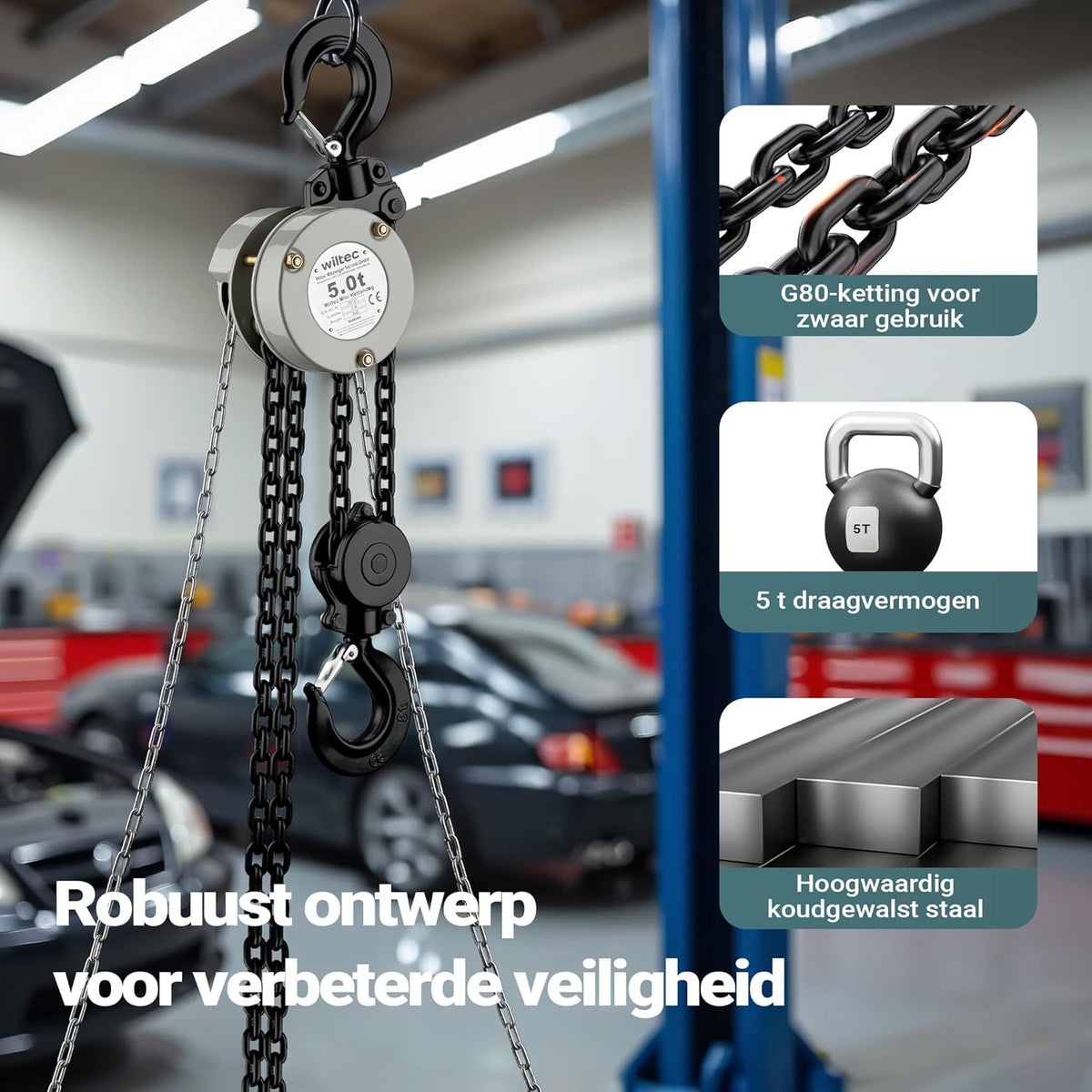 Wiltec hijstakel 5 ton x 3 meter, krachtige mini takel voor het hijsen van lasten, handmatige kettingtakel VSK-5 voor 5000 kg werklast, takel met 2 haken