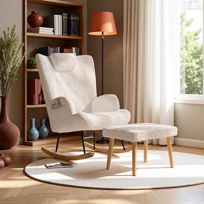 Schommelstoel – Relaxstoel – Schommelstoel Met Voetensteun – Lounge Stoel – Wipstoel – Teddy Pluche Wit – Houten Frame – Ergonomisch Hoofdsteun