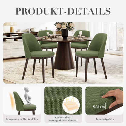 COLAMY Gevoerde eetkamerstoelen, set van 2, moderne keukenstoelen met rugleuning, stoffen stoel met houten poten voor eetkamer, keuken, restaurant, groen