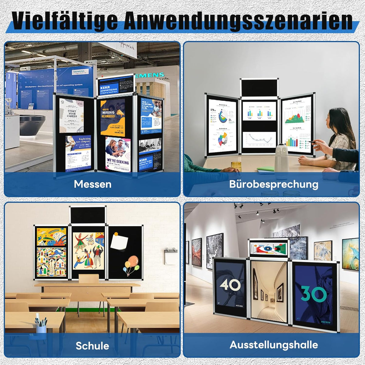 Presentatiebord, 3 + 1 paneel, groot opvouwbaar presentatiebord, 180 x 90 cm, drievoudig gevouwen presentatiebord, display voor beurzen, tafeldisplays, zwart, 180 x 90 cm
