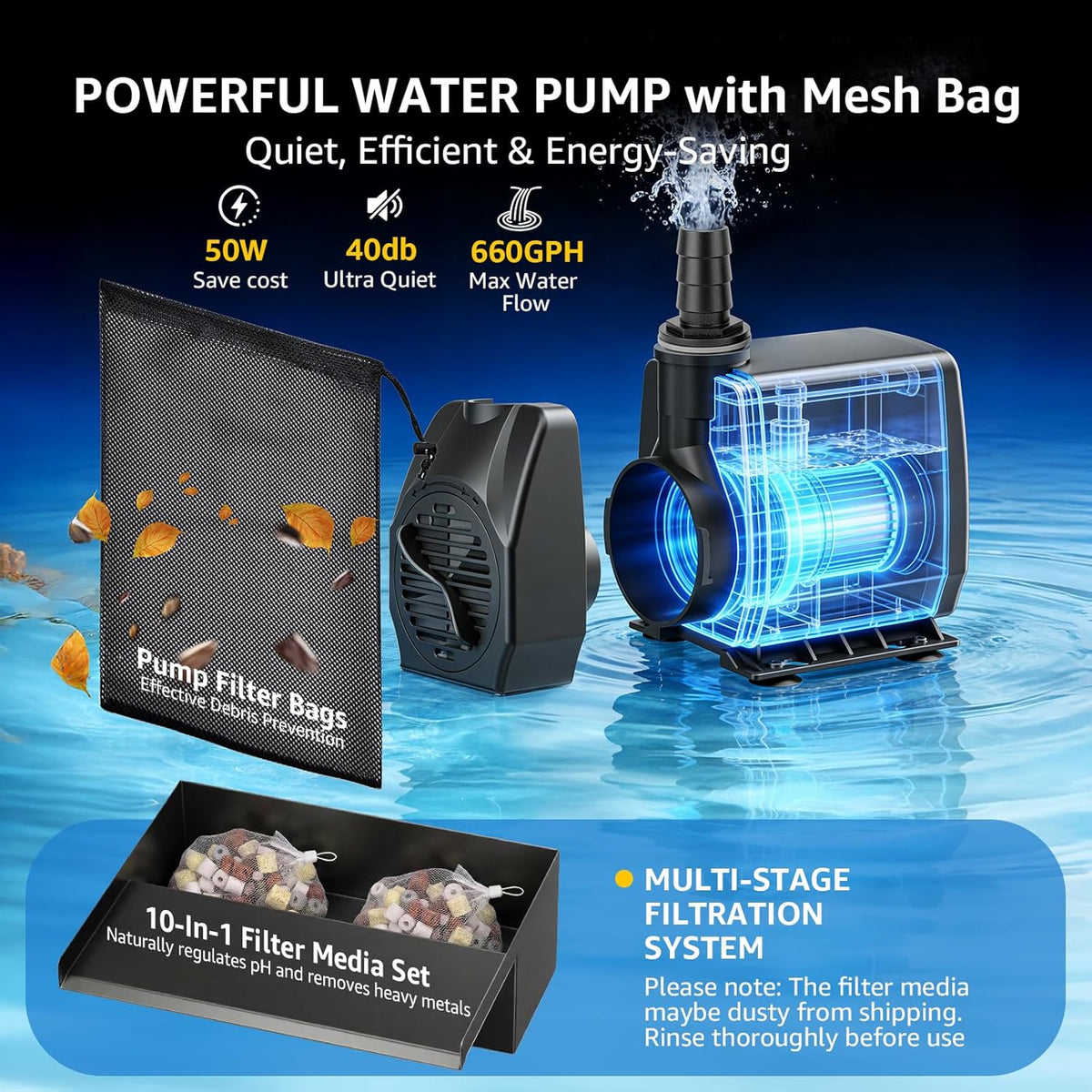 Watervalkit voor Vijver 30 cm: Set met Watervaluitloop in RVS 304, Pomp 2500 L/h, Vorstbestendige Slang 3 m en Kabel 5 m – Complete Fonteinkit