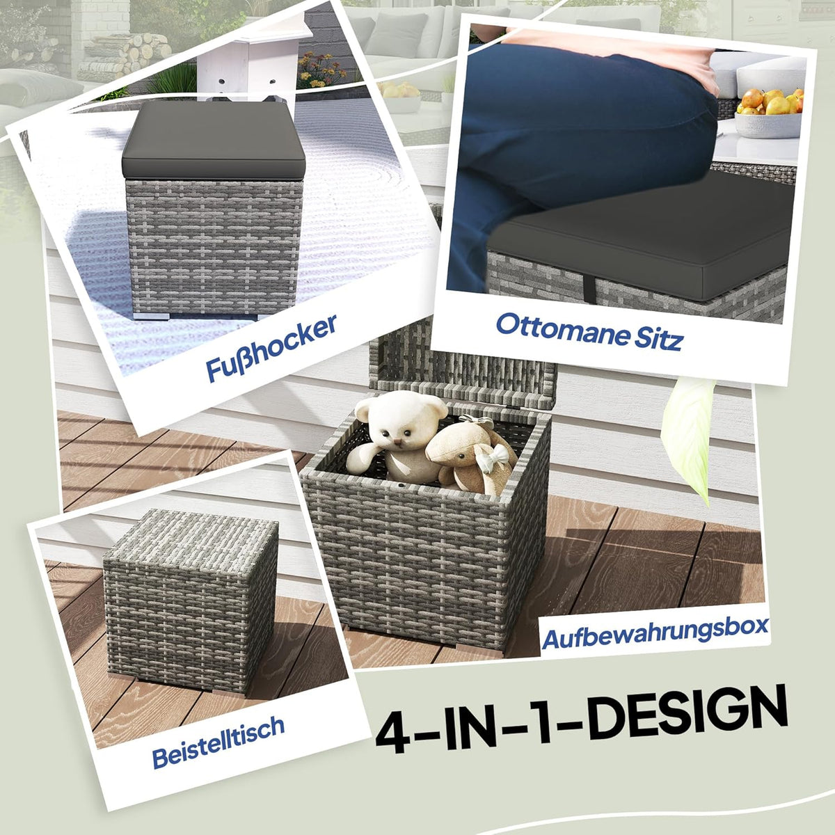 Outsunny 2er Set Rattan Hocker Sitzhocker mit Rattanoptik Stauraum Kissen Deckel 120kg load bar wetterfest Gartenhocker Fußhocker Gartenmöbel für Outdoor Garten Terrasse 40x40x41cm Dunkelgrau