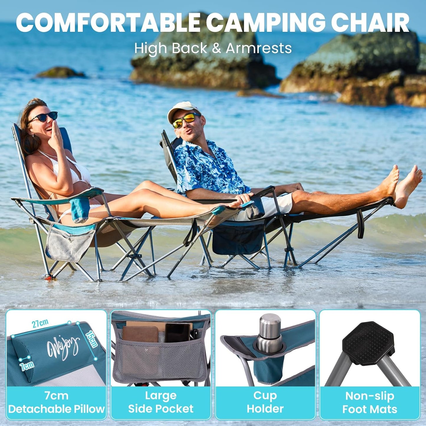 #WEJOY 2-in-1 campingstoel, opvouwbaar, 180 kg, met voetsteun, strandstoel met 4-voudig verstelbare rugleuning, relaxstoel, ligstoel met bekerhouder, ligstoel voor outdoor, camping, cyaan/grijs, set